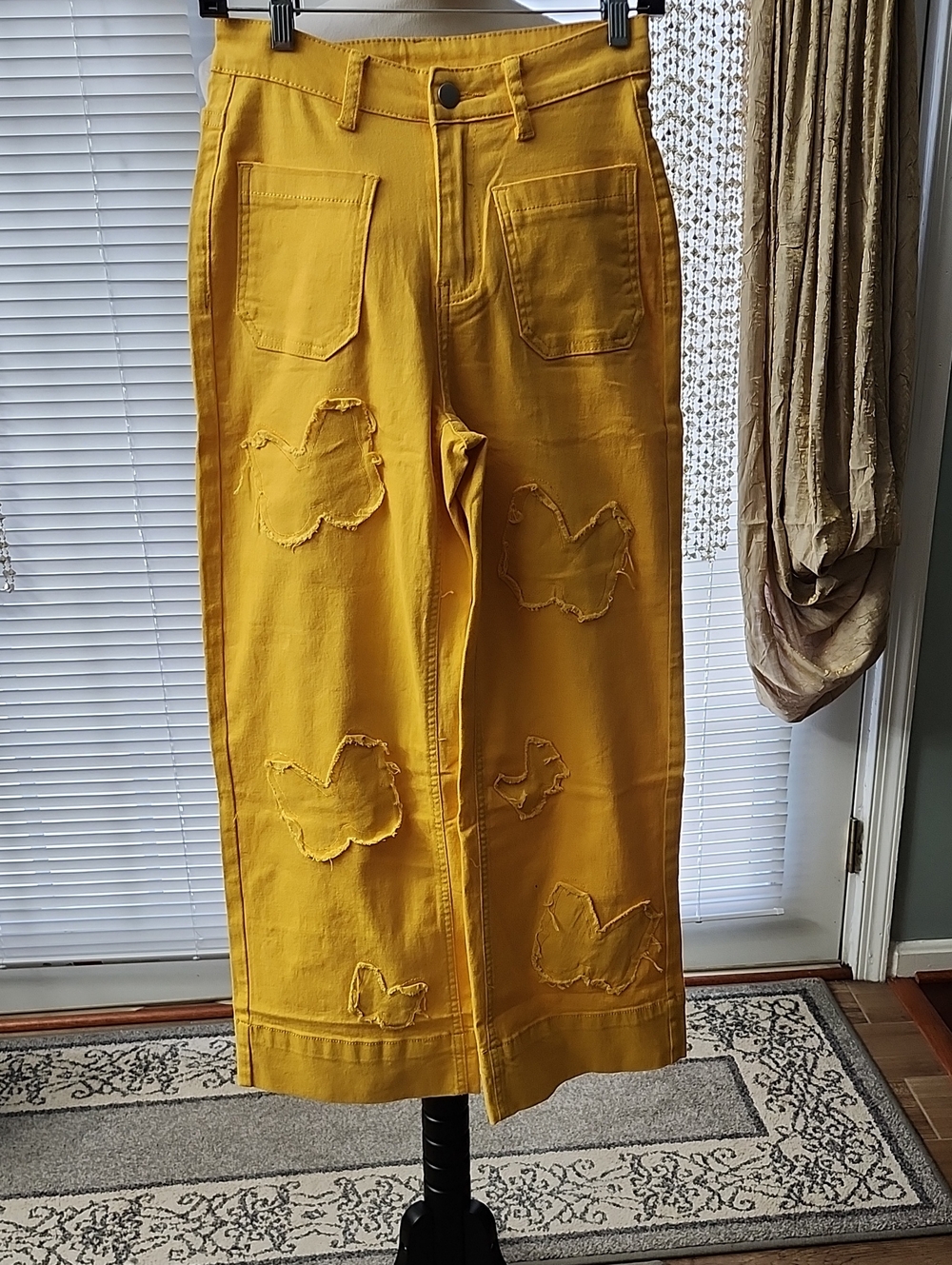 Women's Mustard Yellow Wide-Leg Patch Detail Denim Pants